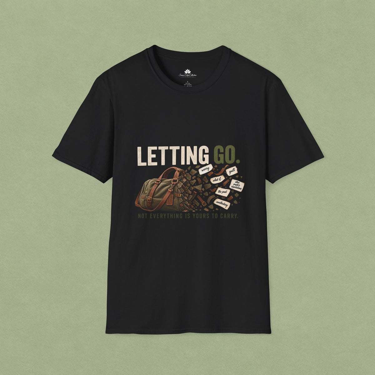 Letting Go T-Shirt — 'Letting Go' Inspirational Graphic Tee with Leopard & Bag Design