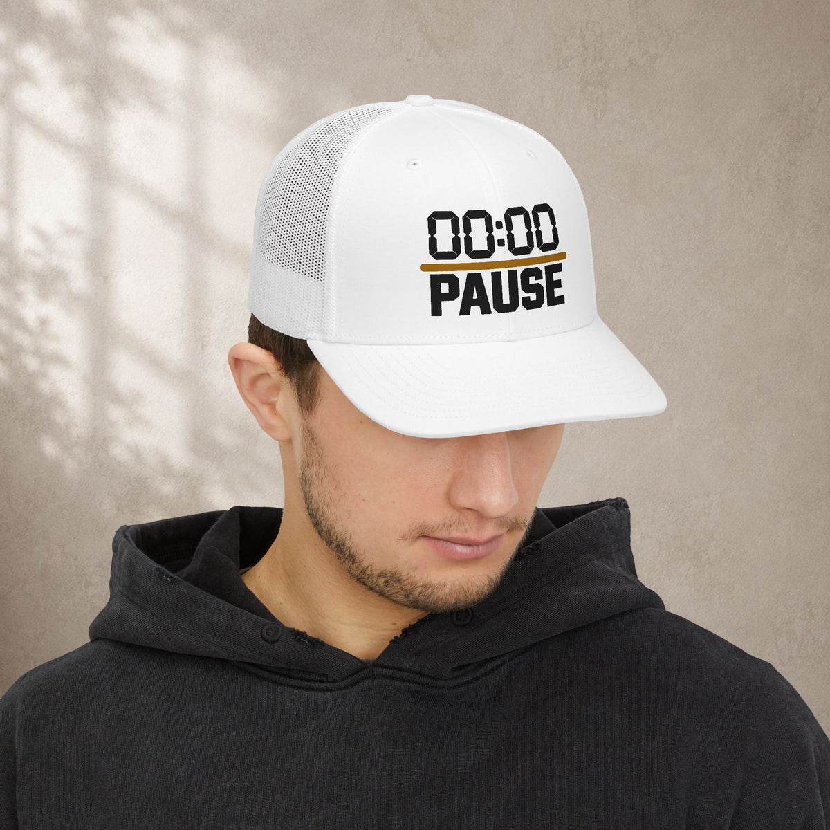 Pause Timer Snapback Trucker Cap — "00:00 PAUSE" Graphic Hat