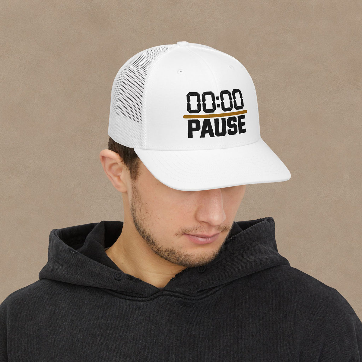 Pause Timer Snapback Trucker Cap — "00:00 PAUSE" Graphic Hat