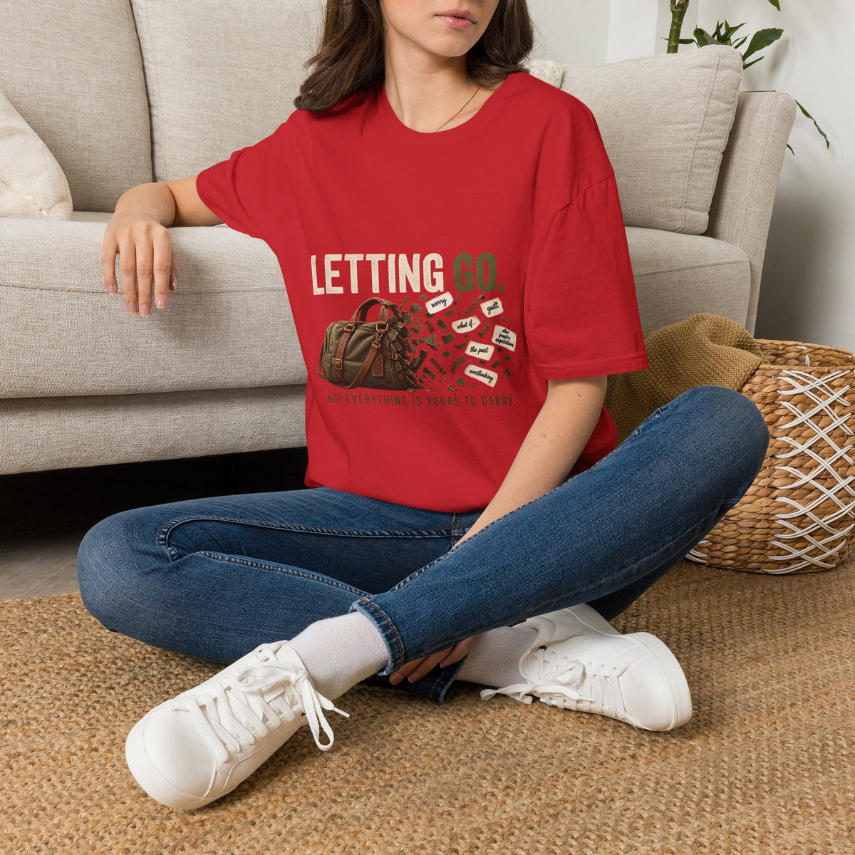Letting Go T-Shirt — 'Letting Go' Inspirational Graphic Tee with Leopard & Bag Design