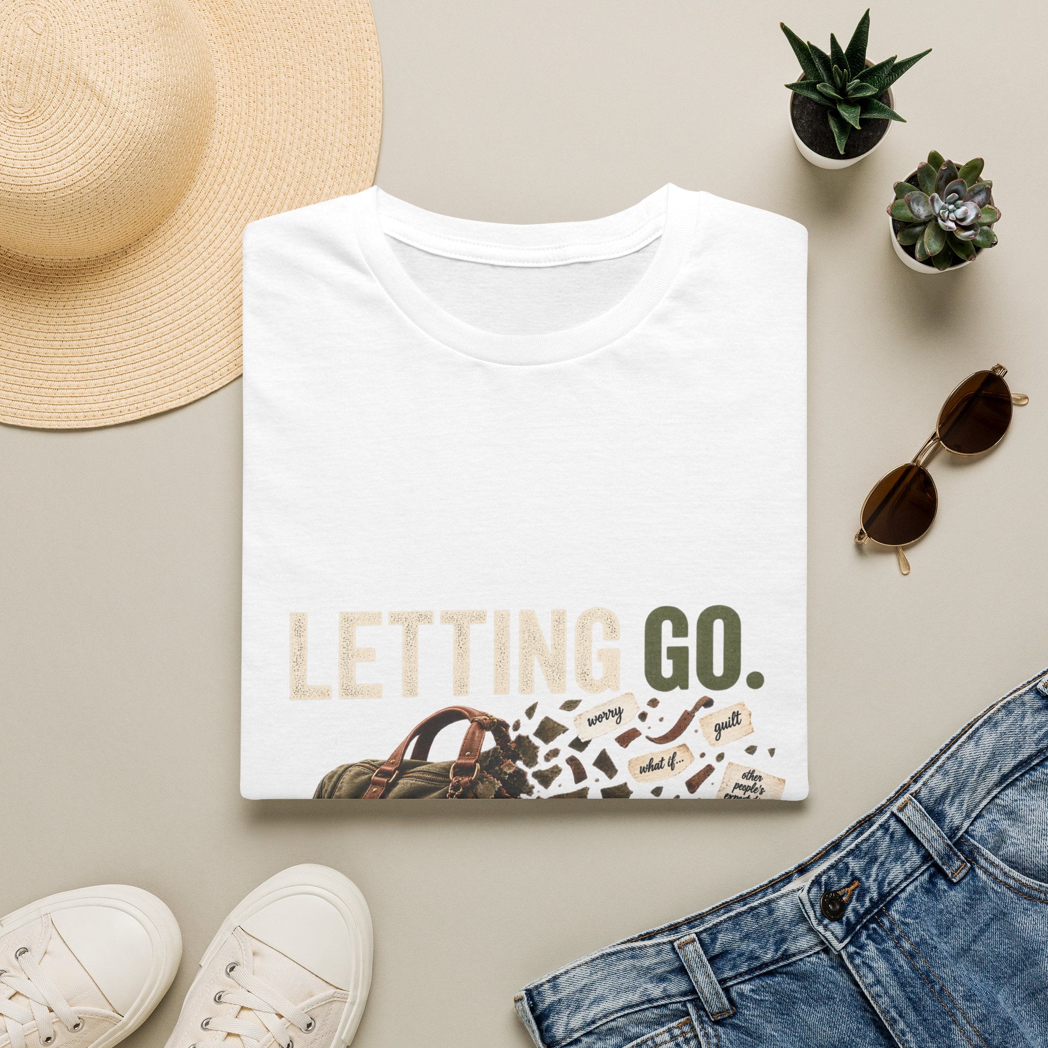 Letting Go T-Shirt — 'Letting Go' Inspirational Graphic Tee with Leopard & Bag Design