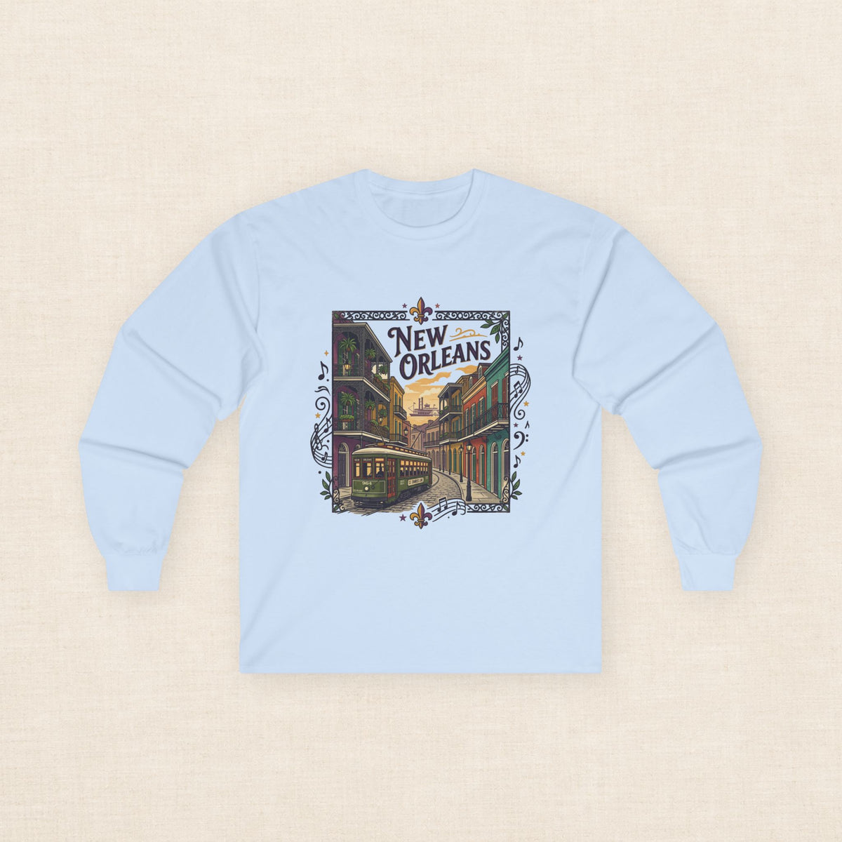 New Orleans Streetcar Long Sleeve Tee — Vintage NOLA Travel Graphic