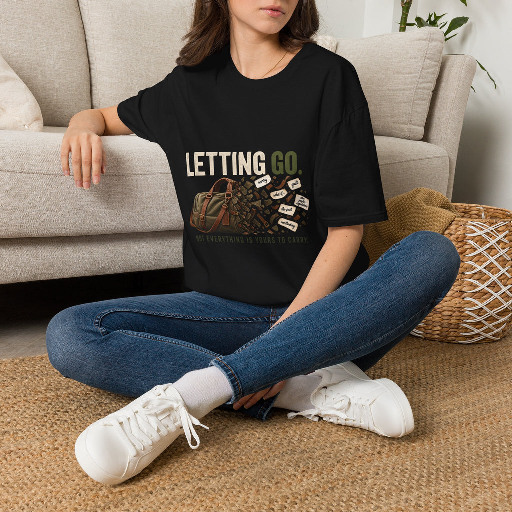 Letting Go T-Shirt — 'Letting Go' Inspirational Graphic Tee with Leopard & Bag Design