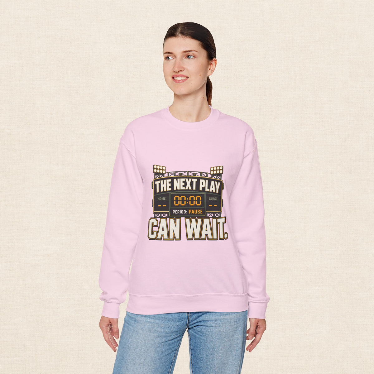 Crewneck Sweatshirt — "The Next Play Can Wait" Scoreboard Design