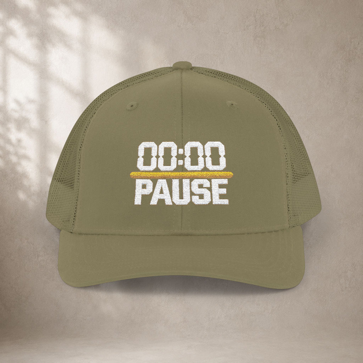 00:00 PAUSE Embroidered Snapback Trucker Cap