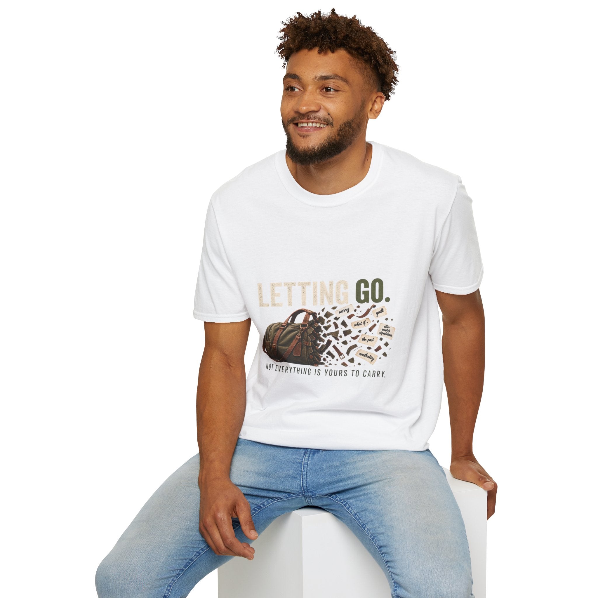 Letting Go T-Shirt — 'Letting Go' Inspirational Graphic Tee with Leopard & Bag Design