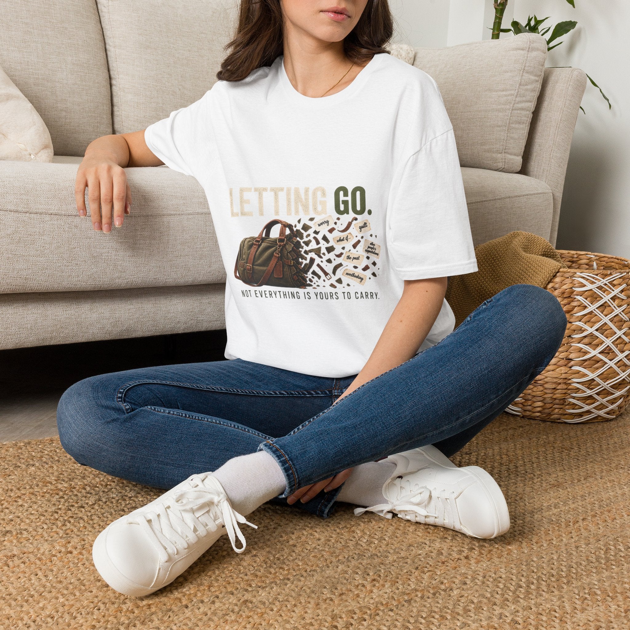 Letting Go T-Shirt — 'Letting Go' Inspirational Graphic Tee with Leopard & Bag Design