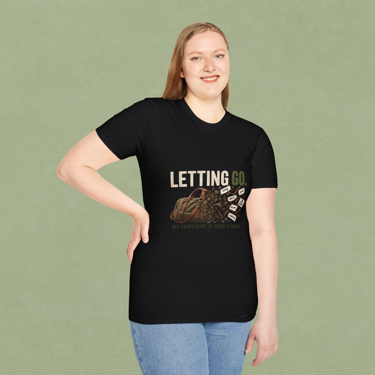 Letting Go T-Shirt — 'Letting Go' Inspirational Graphic Tee with Leopard & Bag Design