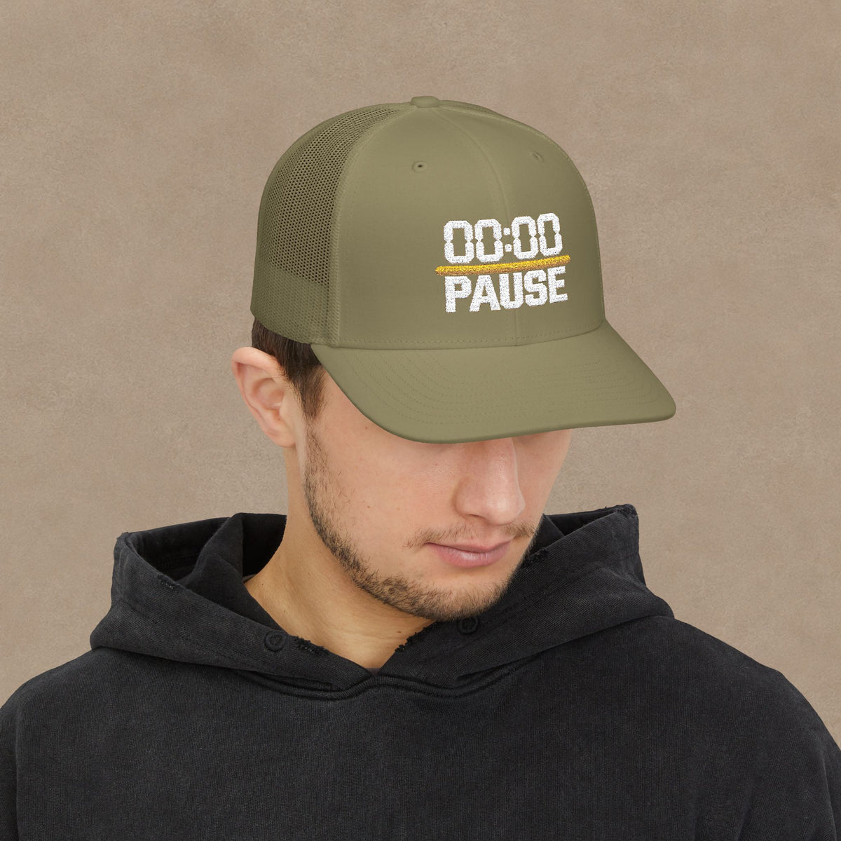 00:00 PAUSE Embroidered Snapback Trucker Cap