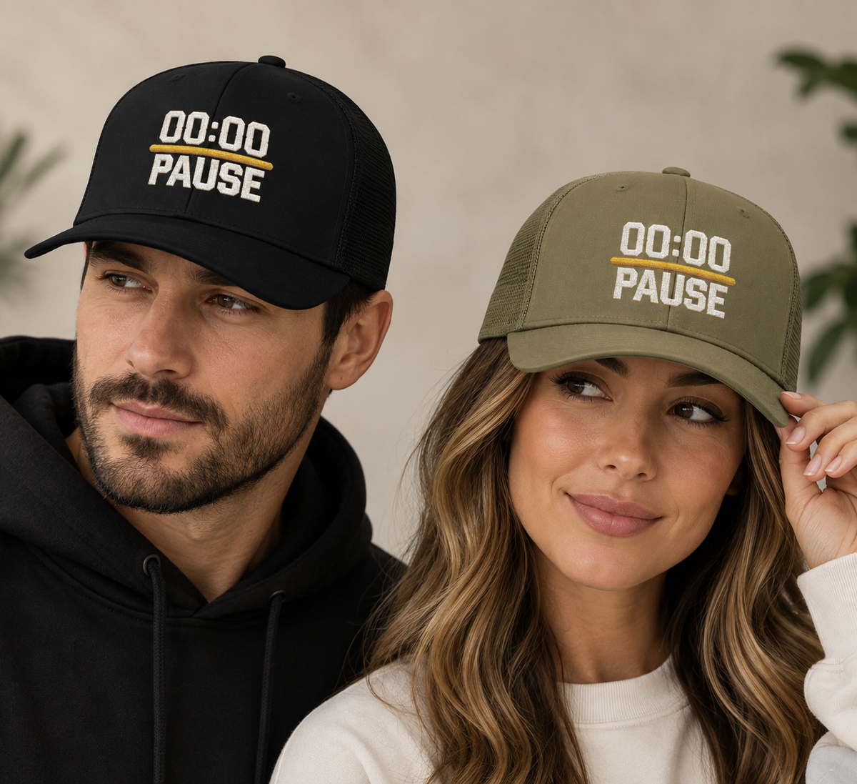 00:00 PAUSE Embroidered Snapback Trucker Cap