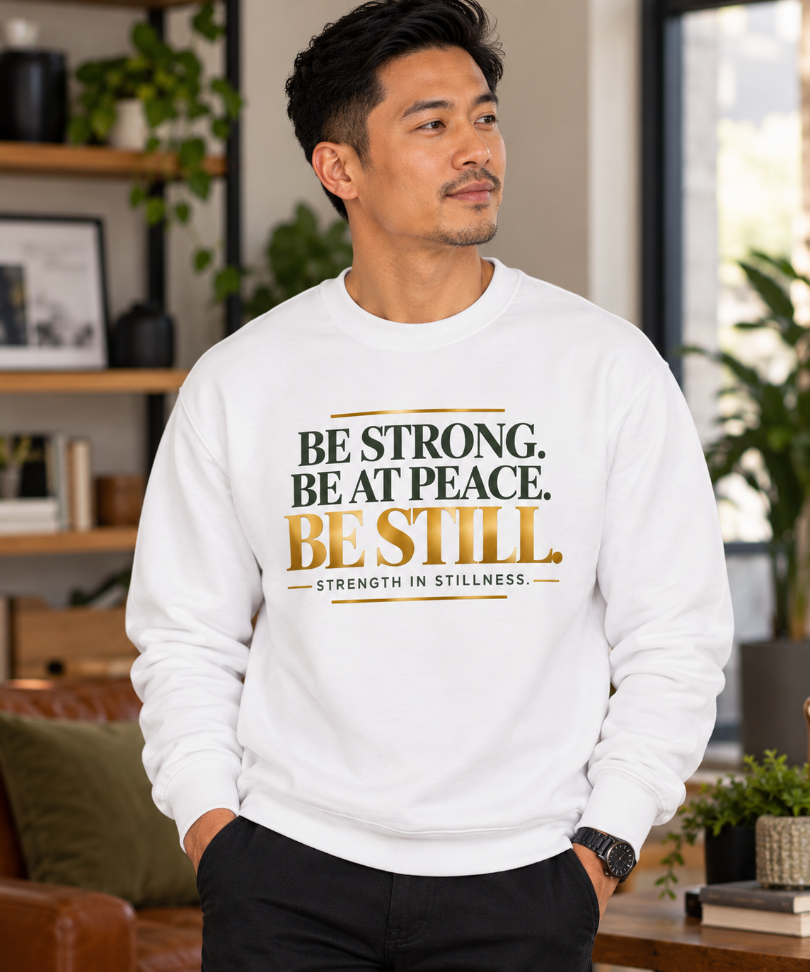Be Strong. Be at Peace. Be Still. | Men's Inspirational Crewneck Sweatshirt
