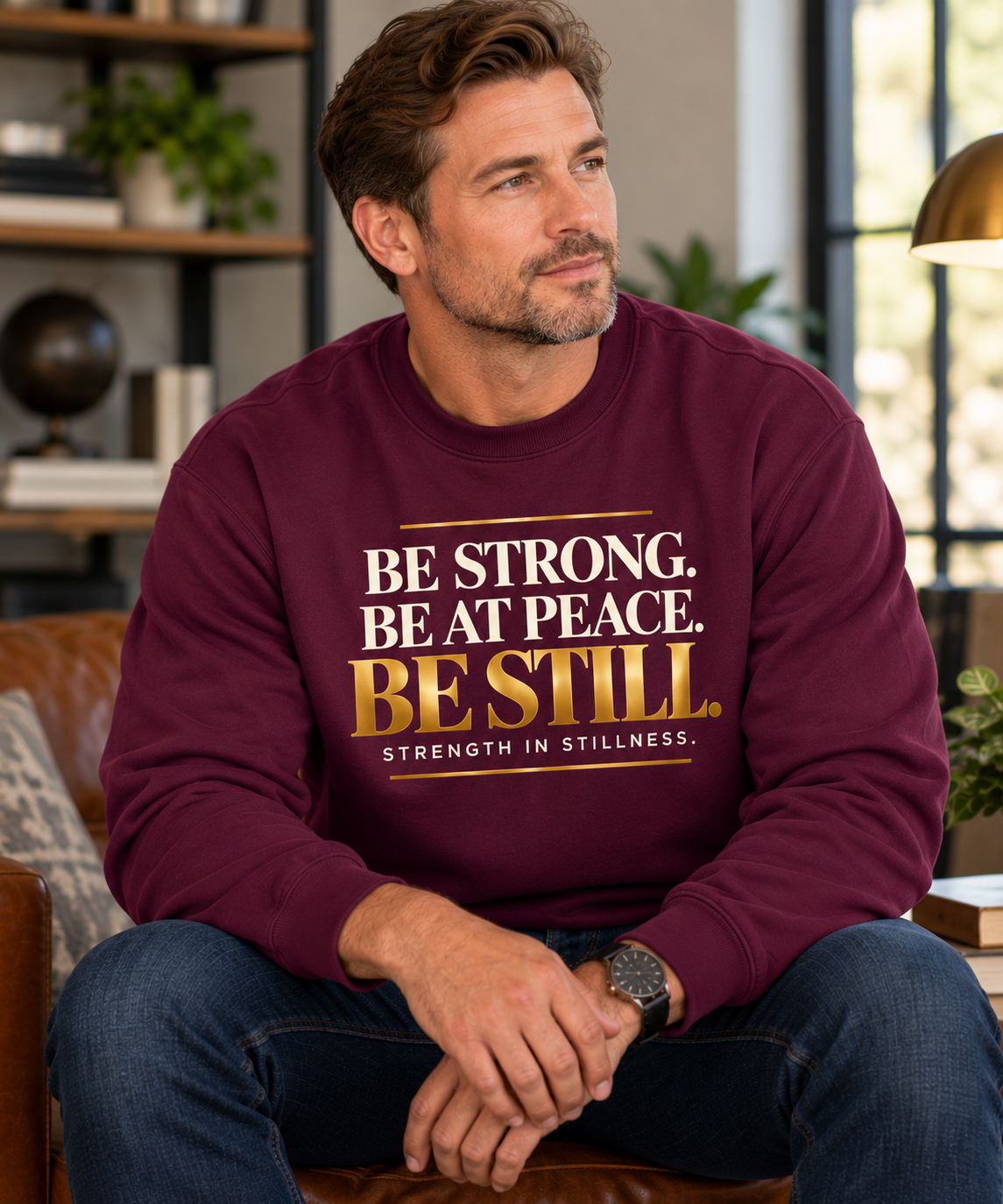 Be Strong. Be at Peace. Be Still. | Men's Inspirational Crewneck Sweatshirt