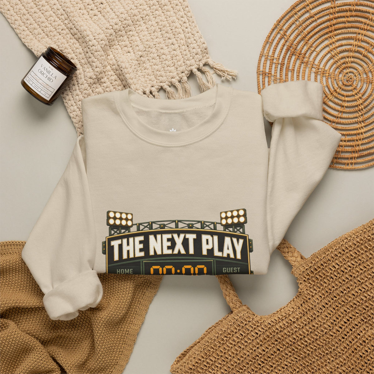 Crewneck Sweatshirt — "The Next Play Can Wait" Scoreboard Design