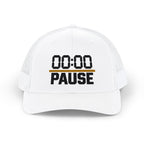 Pause Timer Snapback Trucker Cap — "00:00 PAUSE" Graphic Hat