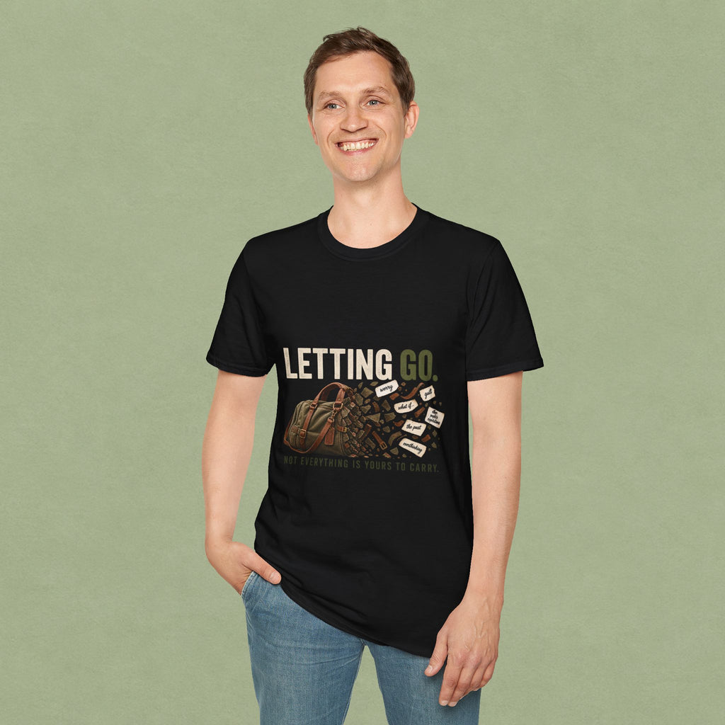 Letting Go T-Shirt — 'Letting Go' Inspirational Graphic Tee with Leopard & Bag Design