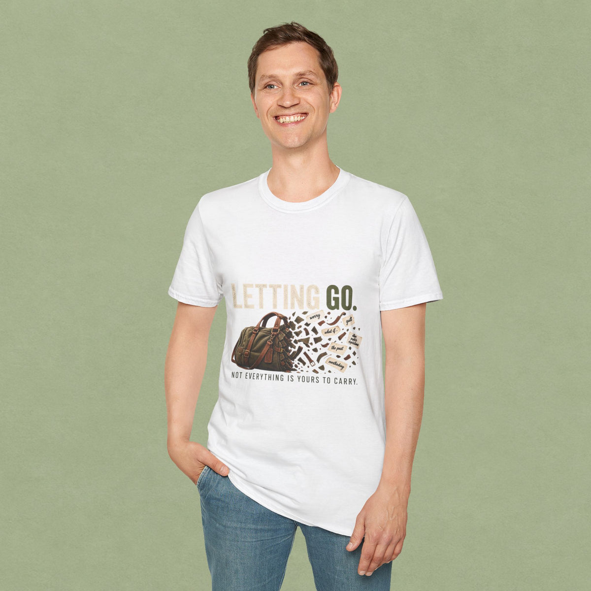 Letting Go T-Shirt — 'Letting Go' Inspirational Graphic Tee with Leopard & Bag Design
