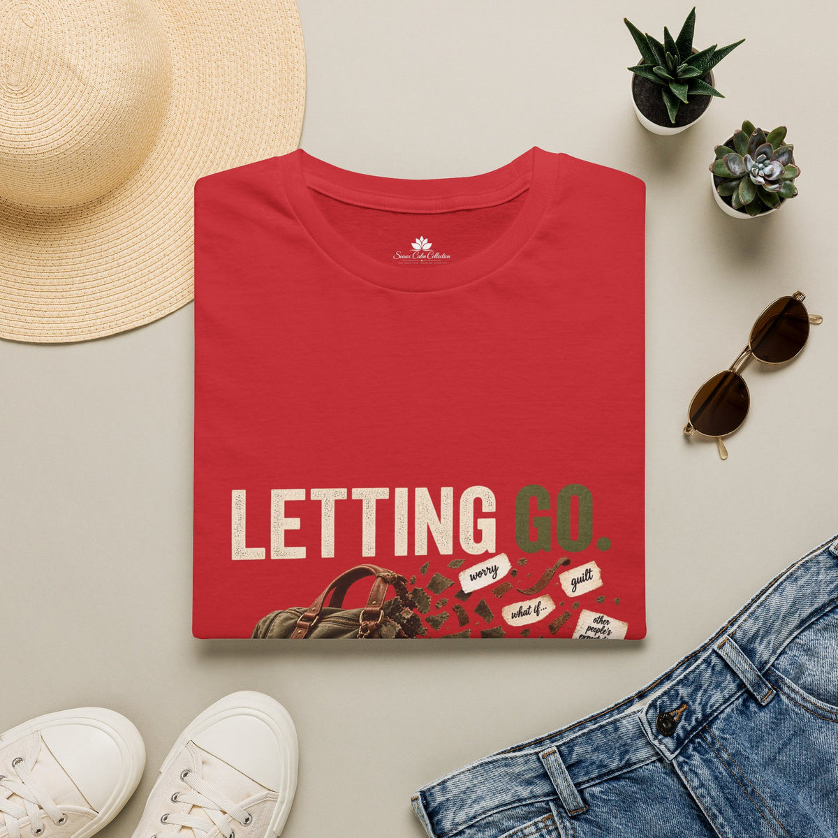 Letting Go T-Shirt — 'Letting Go' Inspirational Graphic Tee with Leopard & Bag Design