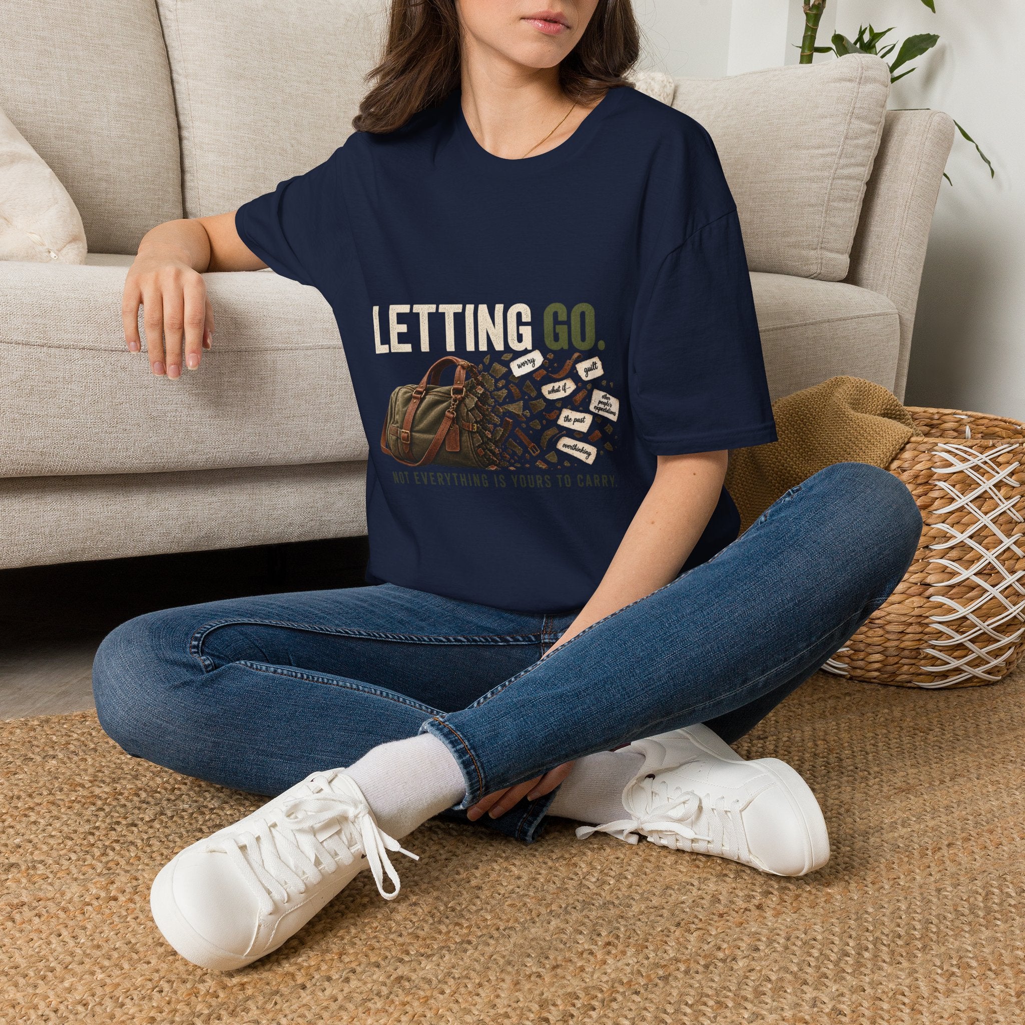 Letting Go T-Shirt — 'Letting Go' Inspirational Graphic Tee with Leopard & Bag Design
