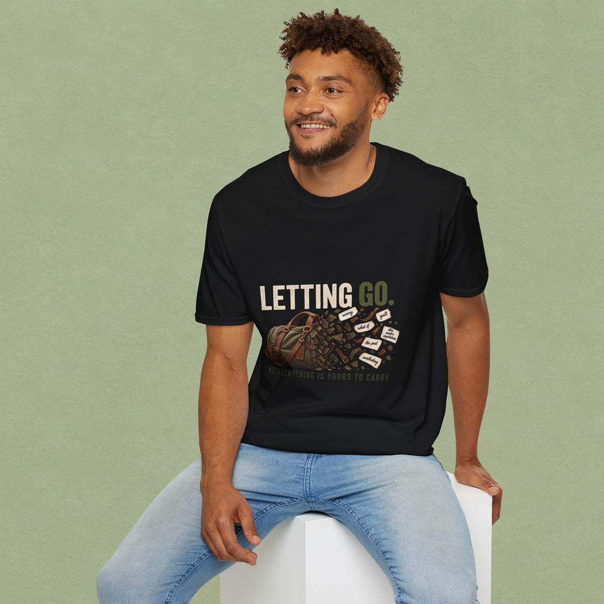 Letting Go T-Shirt — 'Letting Go' Inspirational Graphic Tee with Leopard & Bag Design