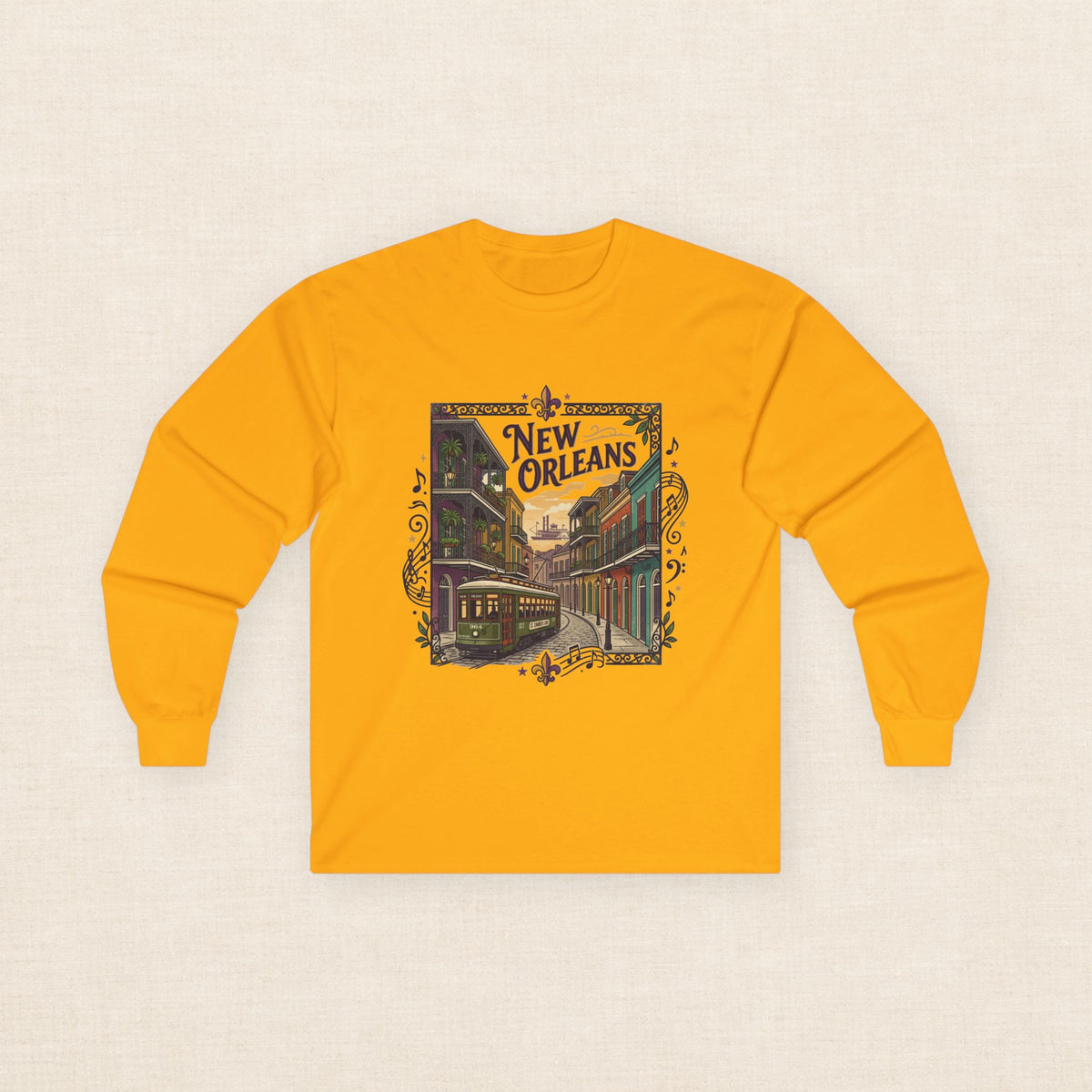 New Orleans Streetcar Long Sleeve Tee — Vintage NOLA Travel Graphic