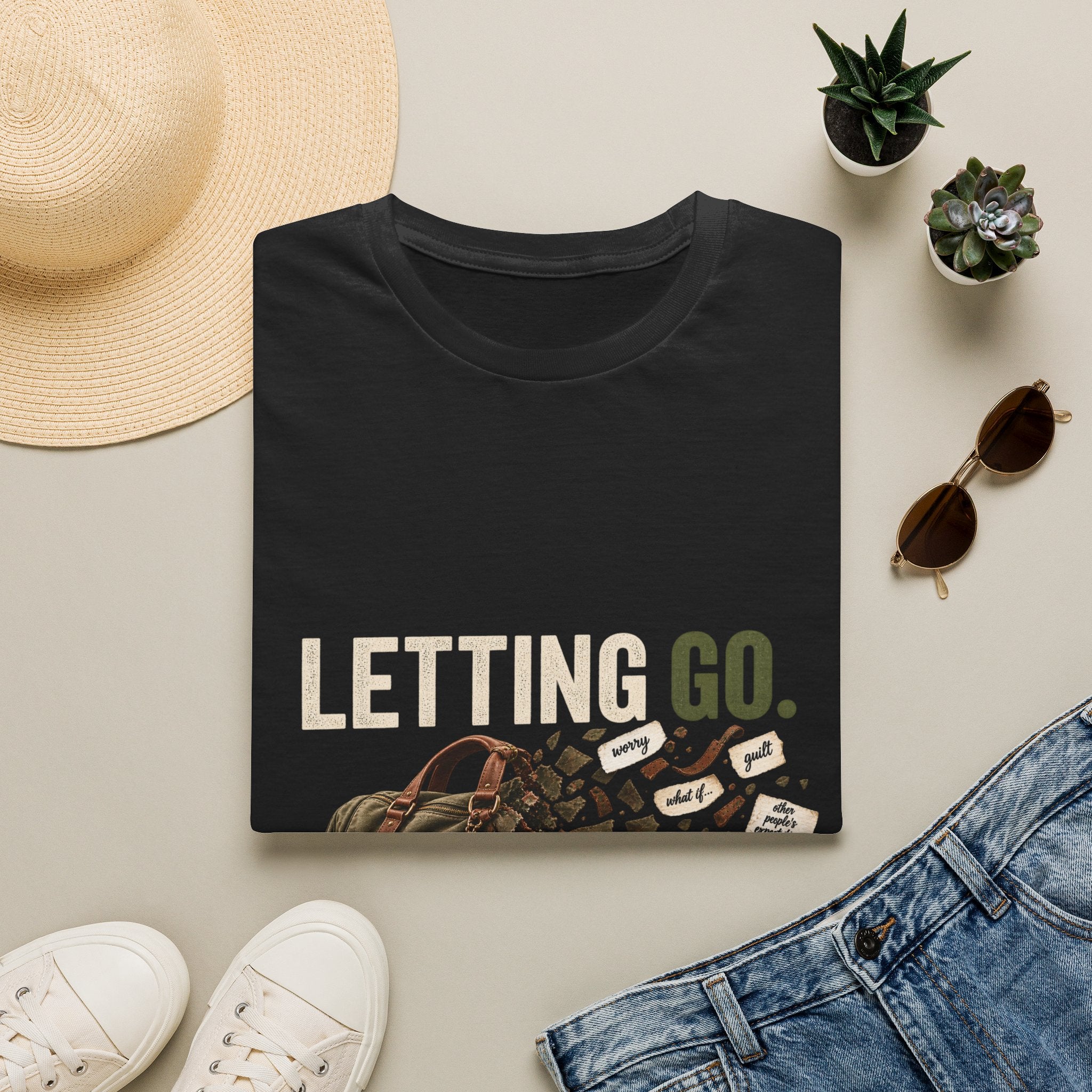 Letting Go T-Shirt — 'Letting Go' Inspirational Graphic Tee with Leopard & Bag Design