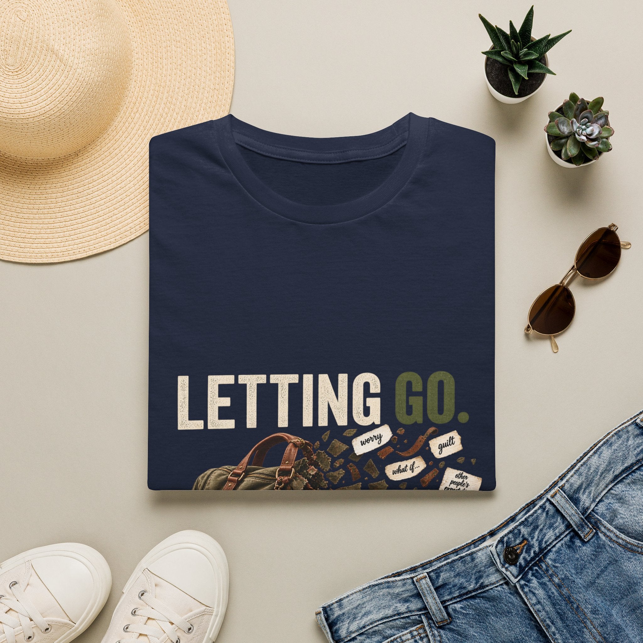 Letting Go T-Shirt — 'Letting Go' Inspirational Graphic Tee with Leopard & Bag Design