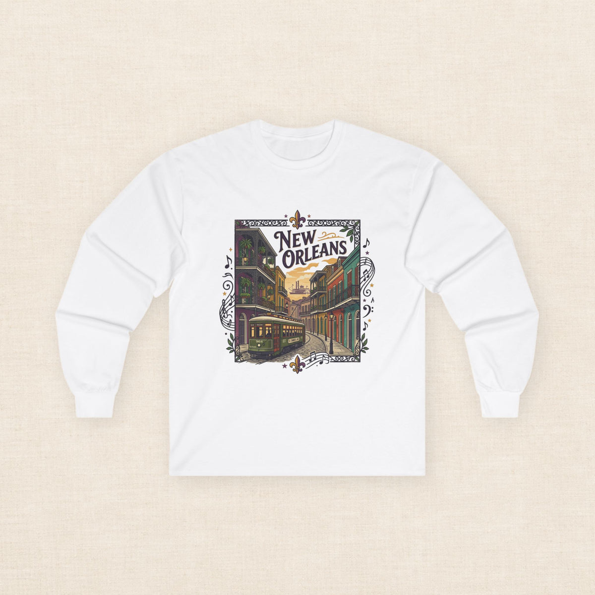 New Orleans Streetcar Long Sleeve Tee — Vintage NOLA Travel Graphic